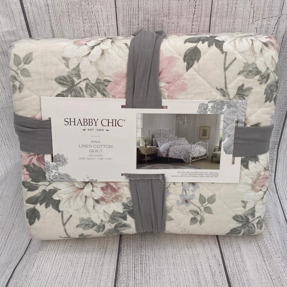 Shabby Chic Linen Cotton Quilt KING Pink Rose Floral Cream Bedding Romantic